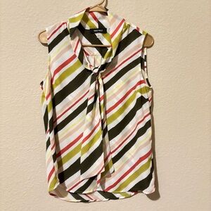 Nine West Sleeveless Blouse Necktie Diagonal Striped Greens Pinks Bow Size Large